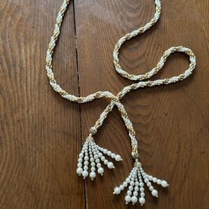 braided faux pearl and gold lariat necklace